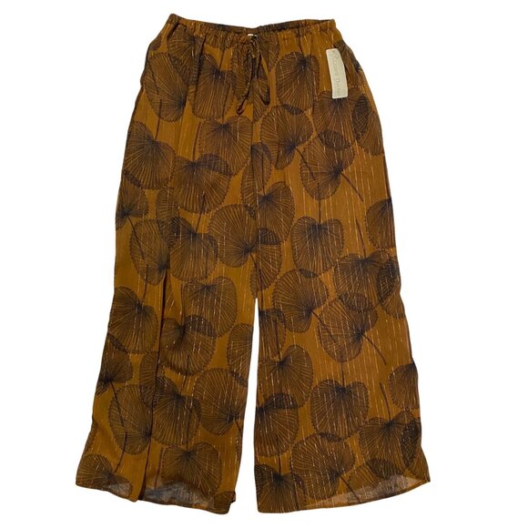 Sunland Pants - Sunland Wide Leg Pants L Brown Leaf Print Boho Lounge Artsy Resortcore Indie